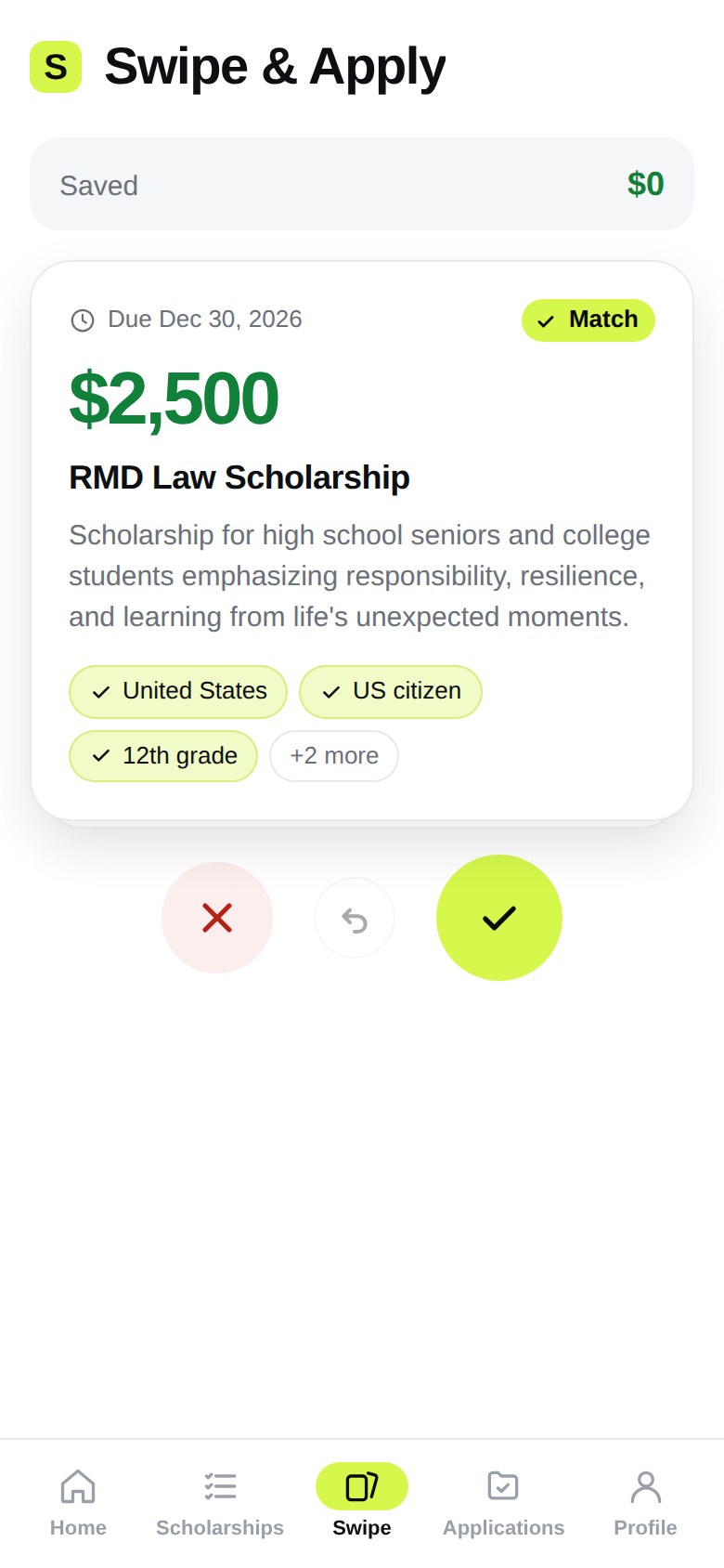 Swipe & Apply: a matching scholarship to save or skip